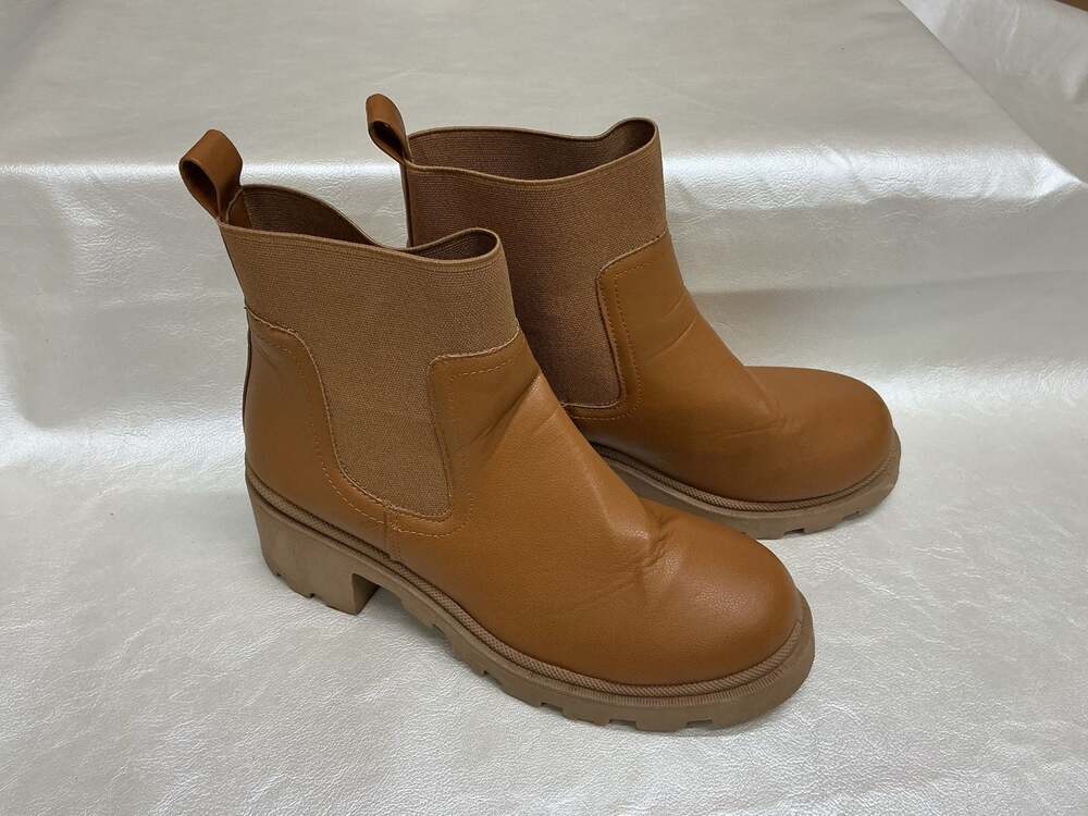Qupid Brown Elastic Panel Chunky Lug Sole Ankle Chelsea Booties